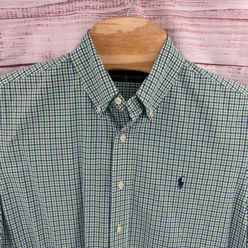 Ralph Lauren Shirt Mens Large Green Blue Gingham Check Short Sleeve Button Down